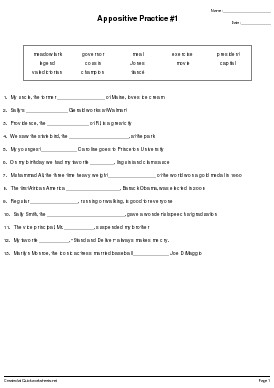 Appositive Practice #1 Fill in the Blank Sentences Worksheet