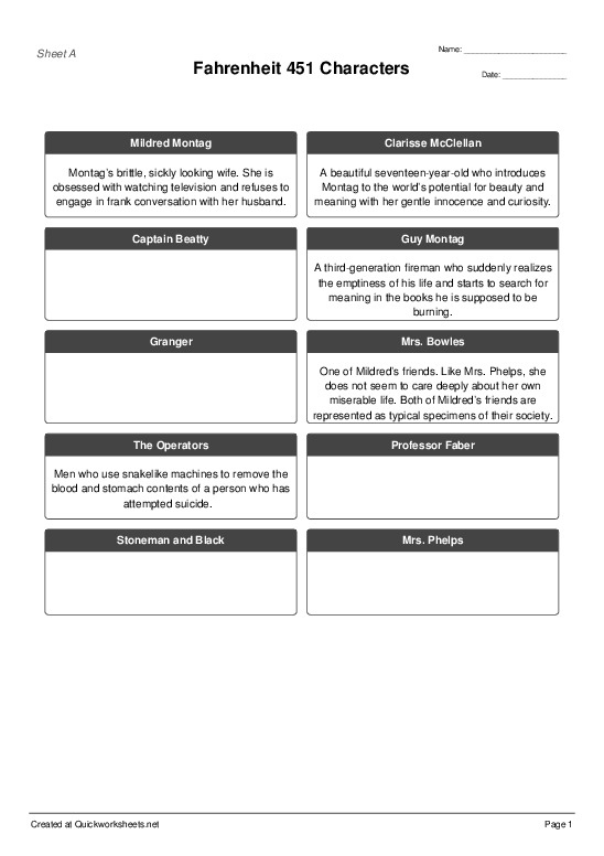 Fahrenheit 451 Characters - Information Gap Worksheet - Quickworksheets