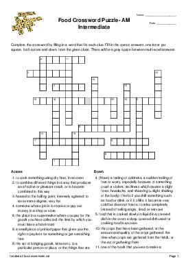 Food Crossword Puzzle AM Intermediate Crossword Quickworksheets