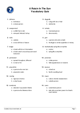 a raisin in the sun vocabulary quiz multiple choice worksheet quickworksheets