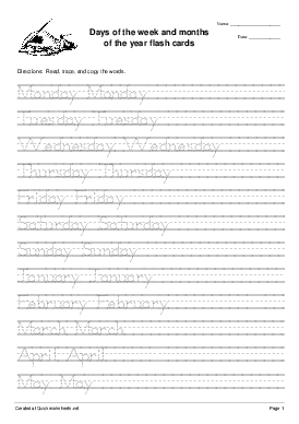 days of the week and months of the year flash cards handwriting worksheet maker