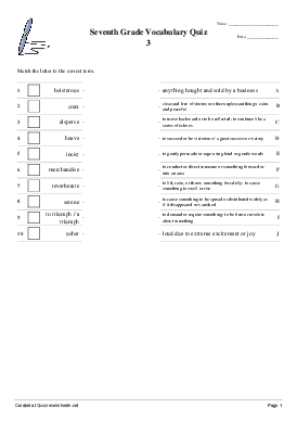 seventh grade vocabulary quiz 3 matching pairs