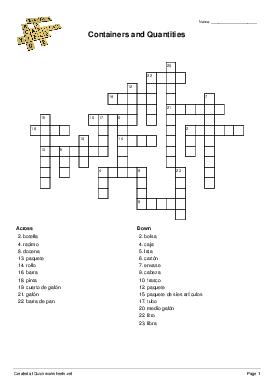 Containers and Quantities Crossword Quickworksheets