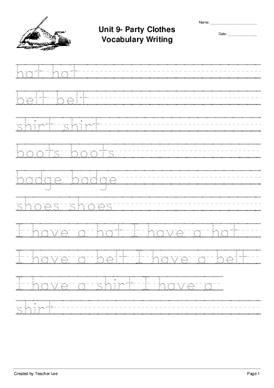 unit 9 party clothes vocabulary writing handwriting worksheet quickworksheets