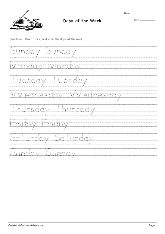 Days Of The Week - Handwriting Worksheet - Quickworksheets