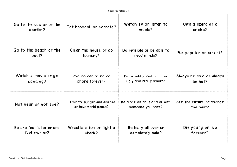 Would you rather ? Small Cards Quickworksheets