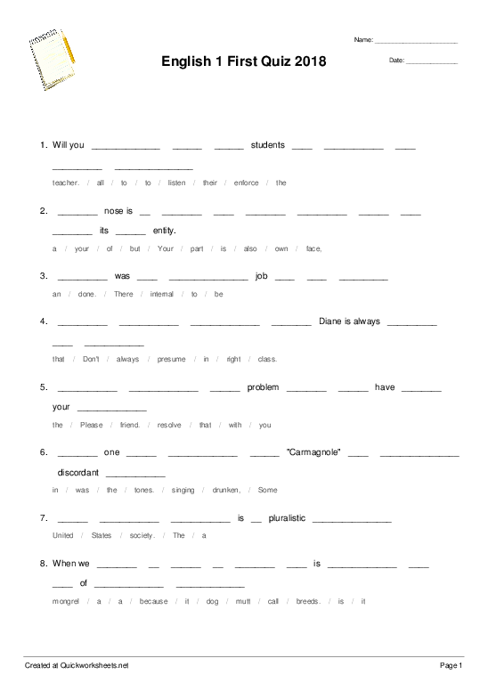 English 1 First Quiz 2018 - Sentence Scramble Worksheet - Quickworksheets