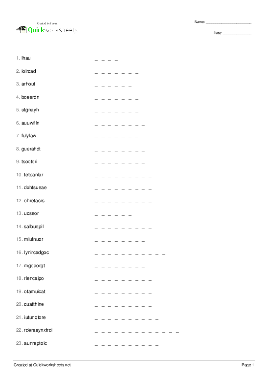 Shared Word Scramble Worksheets
