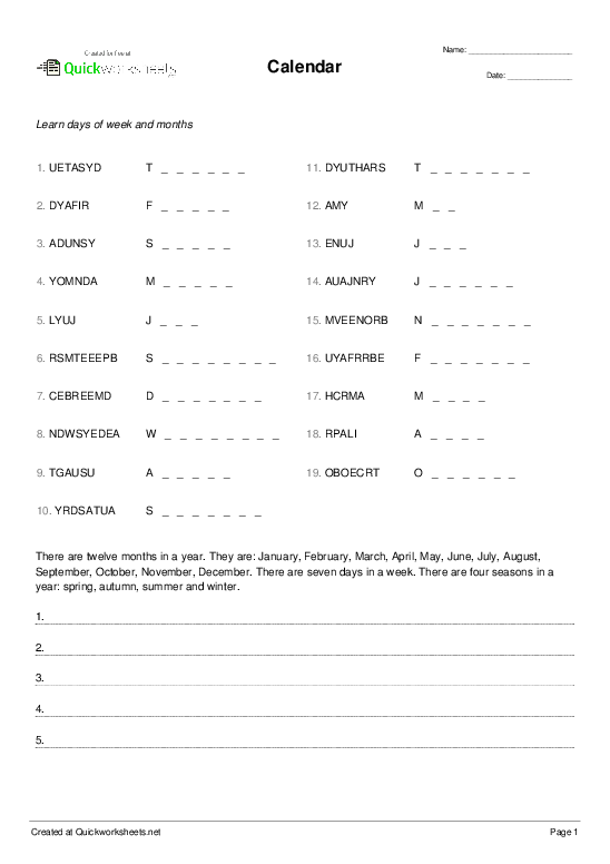 Calendar - Word Scramble - Quickworksheets