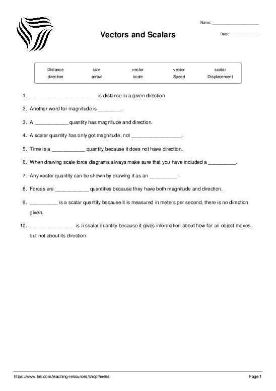 Vectors And Scalars Fill In The Blank Sentences Worksheet Quickworksheets