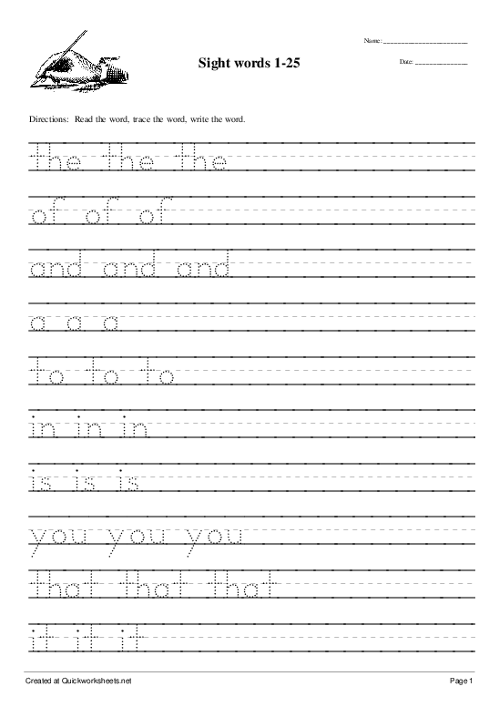 Sight words 1-25 - Handwriting Worksheet - Quickworksheets