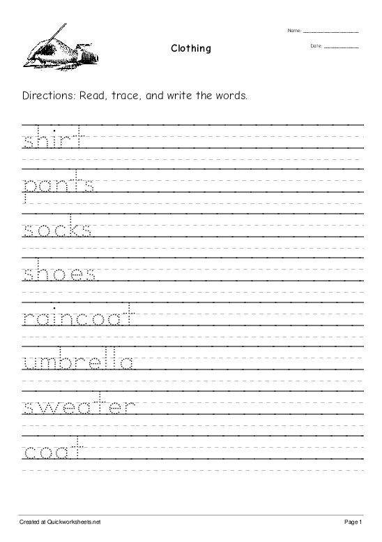 clothing handwriting worksheet quickworksheets