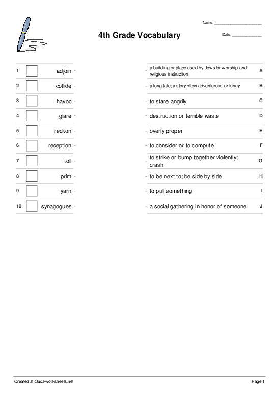 4th Grade Vocabulary - Matching Pairs Worksheet - Quickworksheets