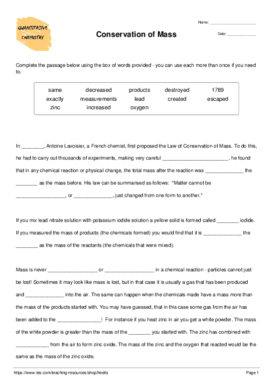 Conservation of Mass - Cloze Test Worksheet - Quickworksheets