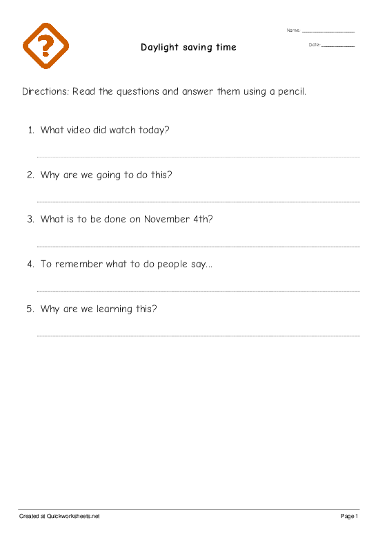 Daylight saving time - Q & A Worksheet - Quickworksheets