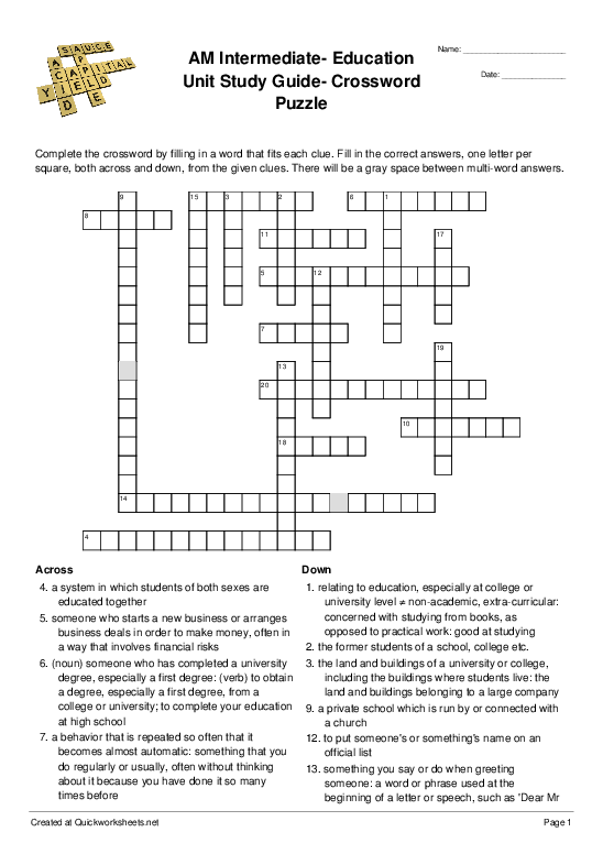 AM Intermediate Education Unit Study Guide Crossword Puzzle 