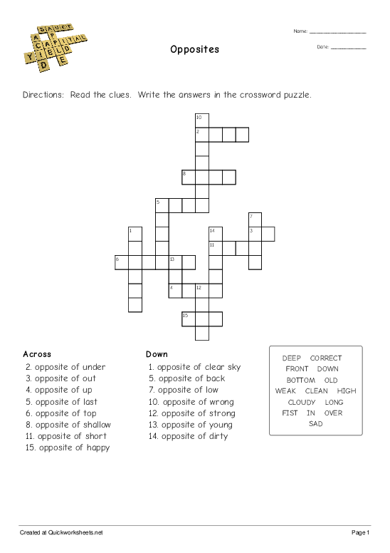 Opposites Crossword Quickworksheets