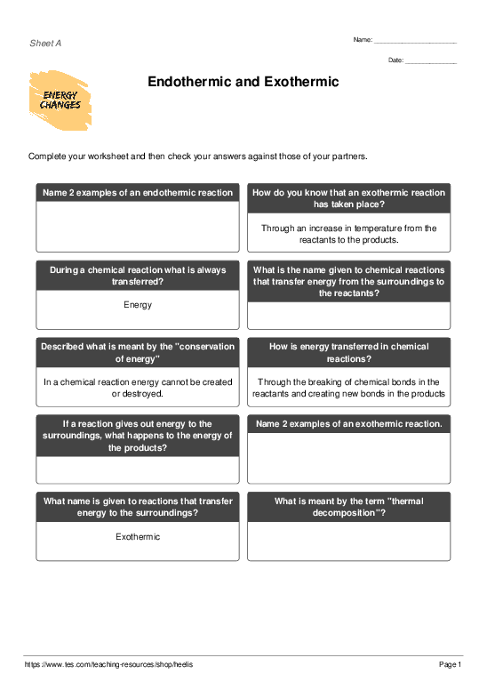 Endothermic Exothermic Worksheet Worksheets For Kindergarten