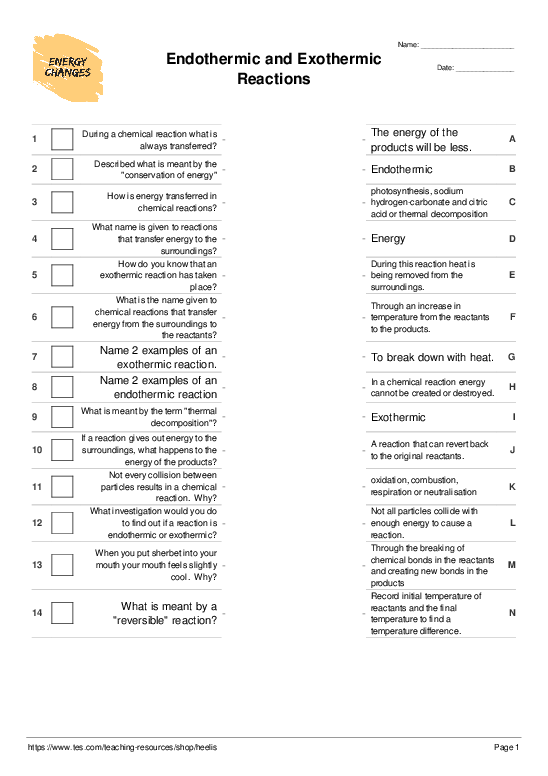 Endothermic and Exothermic Reactions Matching Pairs Worksheet