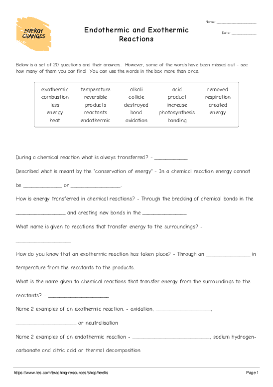 Endothermic and Exothermic Reactions - Cloze Test Worksheet