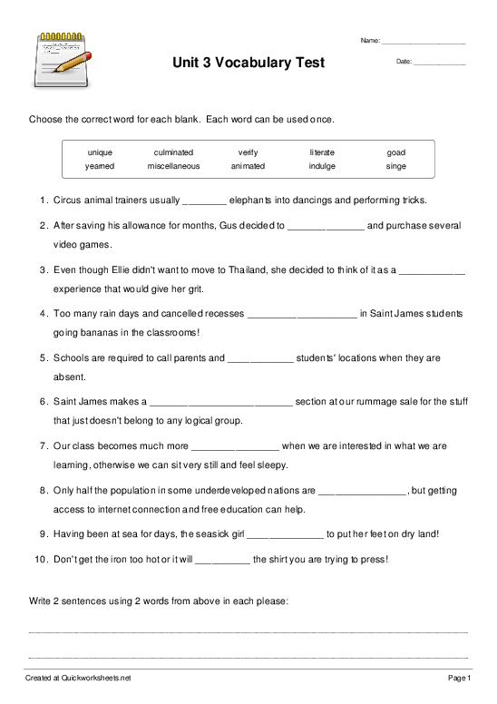 Completing The Sentence Unit 8 Level D Vocab Worksheet