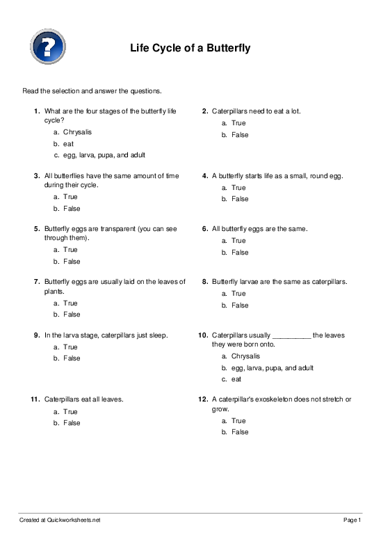 Life Cycle Of A Butterfly Multiple Choice Worksheet Quickworksheets