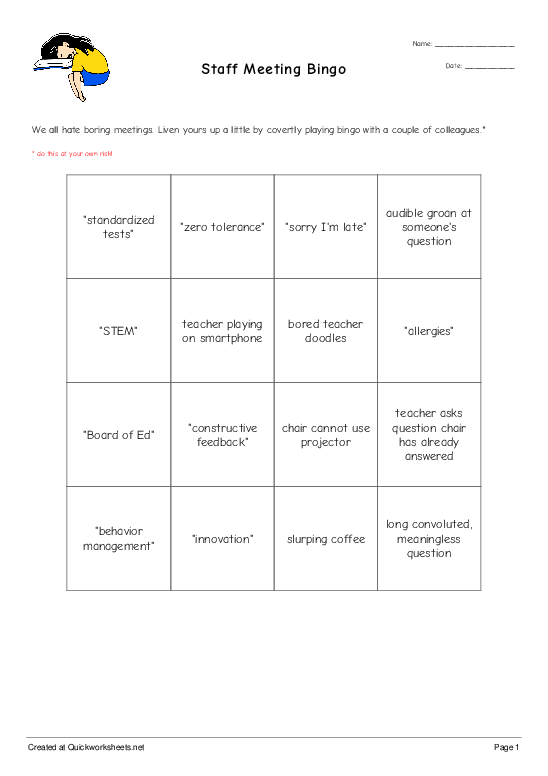 Staff Meeting Bingo Bingo Sheet Quickworksheets Net