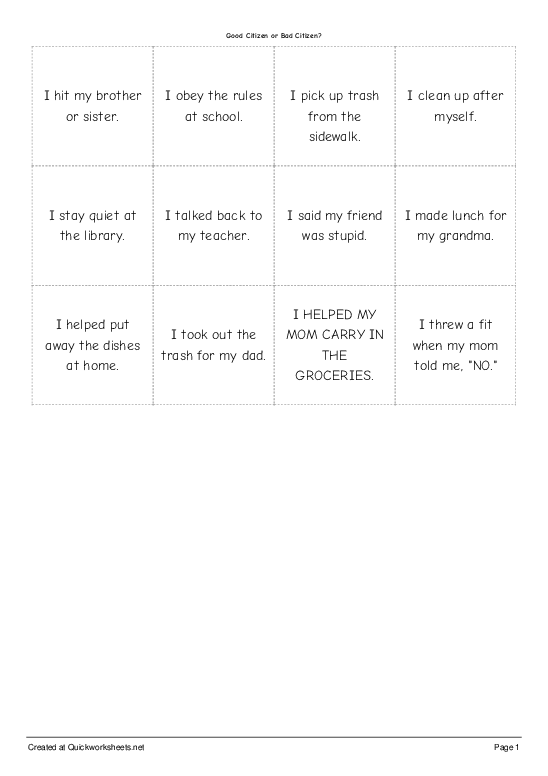 Good Citizen Or Bad Citizen Small Cards Quickworksheets