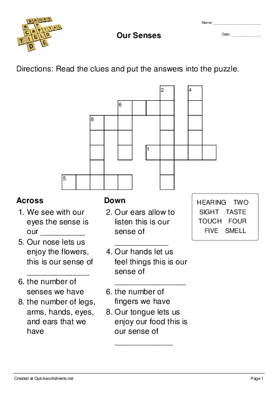 Our Senses Crossword Quickworksheets