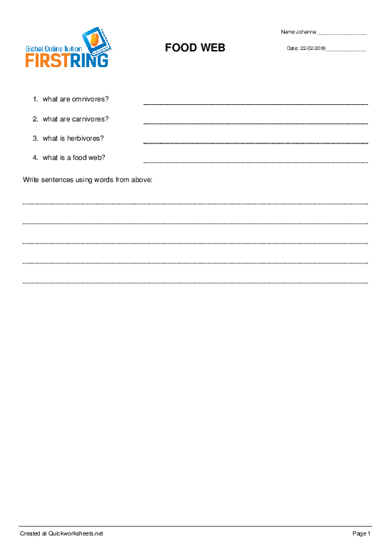 FOOD WEB Q A Worksheet Quickworksheets