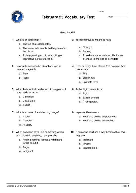 february 25 vocabulary test multiple choice worksheet quickworksheets