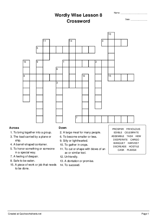 Wordly Wise Lesson 8 Crossword Crossword Quickworksheets