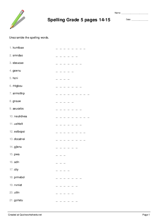Spelling Grade 5 Pages 14 15 Word Scramble Quickworksheets