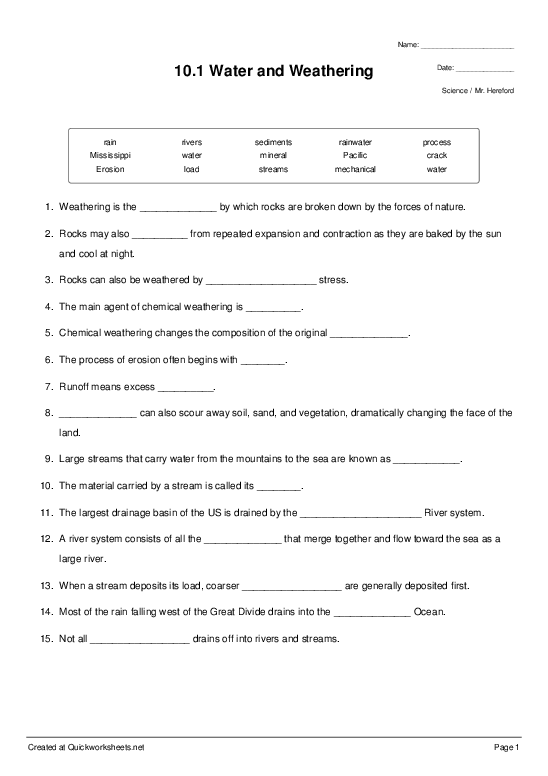 10.1 Water and Weathering - Fill-in-the-Blank Sentences Worksheet -  Quickworksheets