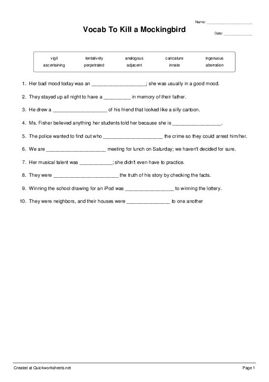 Vocab To Kill a Mockingbird - Fill-in-the-Blank Sentences Worksheet -  Quickworksheets