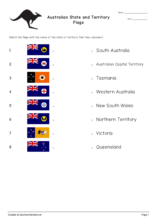 Australian State And Territory Flags Picture Matching Worksheet Quickworksheets