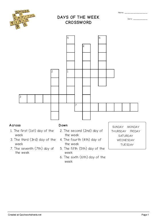 Days Of The Week Crossword