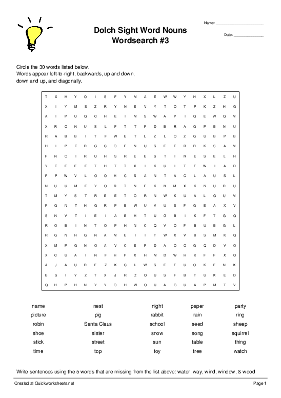 dolch sight word nouns wordsearch 3 wordsearch quickworksheets