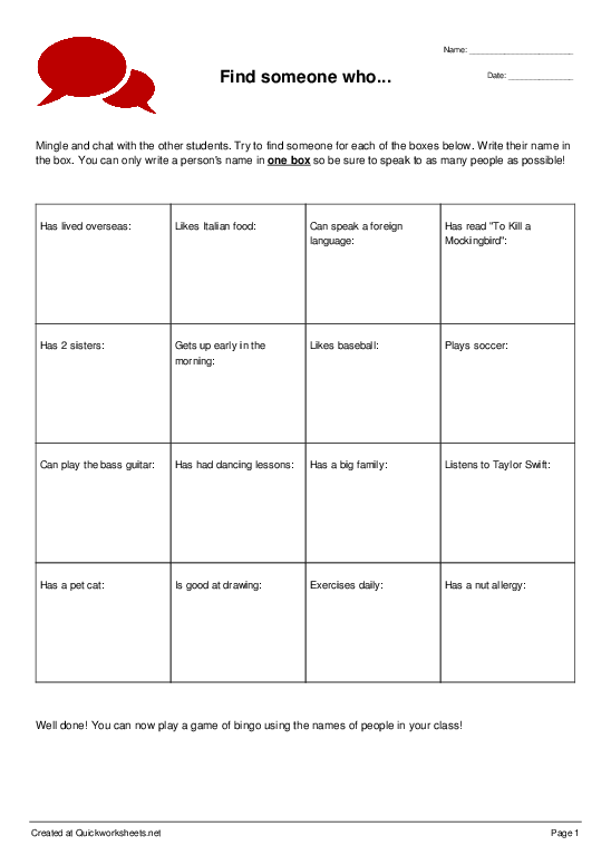 Classmate BINGO! Ice Breaker - ESL Ice Breaker Activities