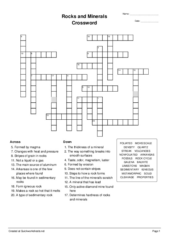 Rocks And Minerals Crossword Crossword Quickworksheets