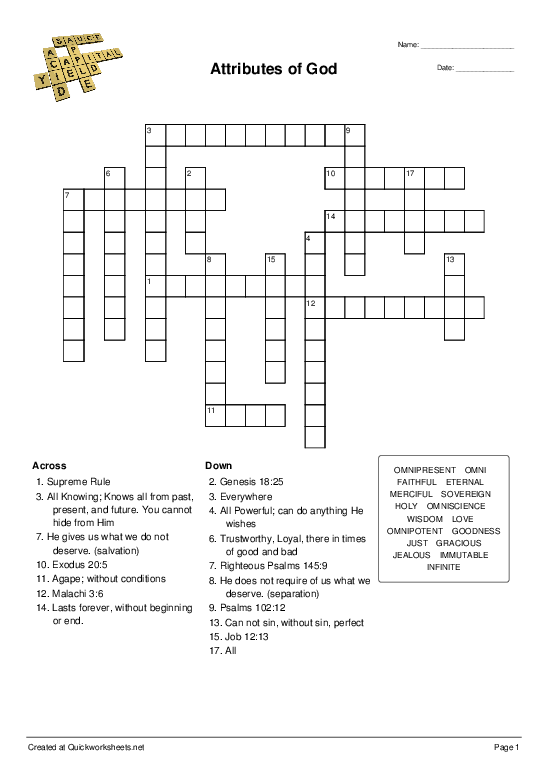 Attributes of God - Crossword - Quickworksheets