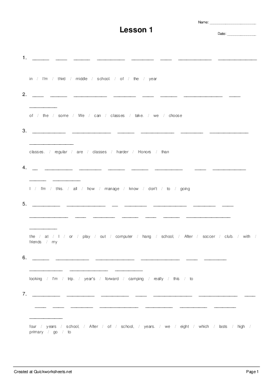 Lesson 1 - Sentence Scramble Worksheet - Quickworksheets