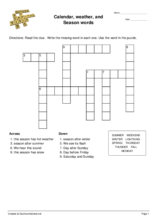 Calendar, weather, and Season words Crossword Quickworksheets