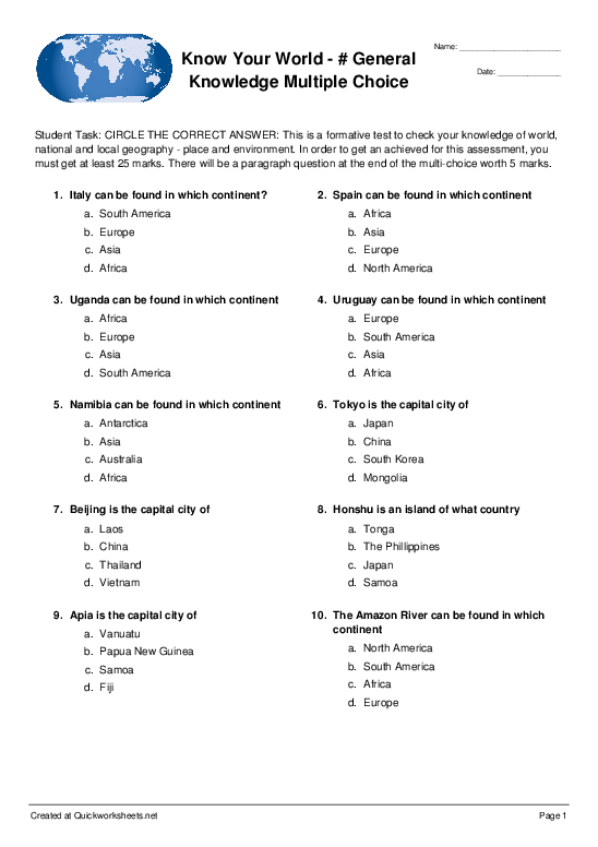 Know Your World - # Geography General Knowledge Diagostic Assessment - Multiple Choice Worksheet 