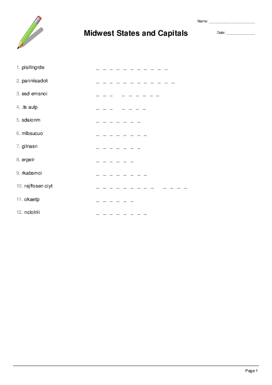 Midwest States And Capitals Word Scramble Quickworksheets