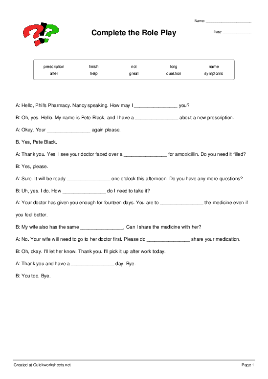 Role plays worksheets