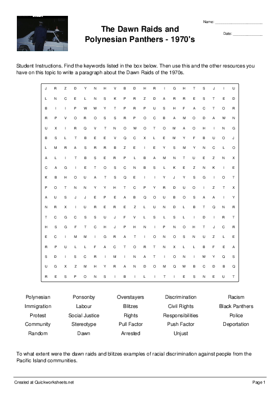 the dawn raids and polynesian panthers 1970 s wordsearch quickworksheets