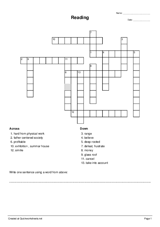 Reading - Crossword Puzzle Online Worksheet Maker