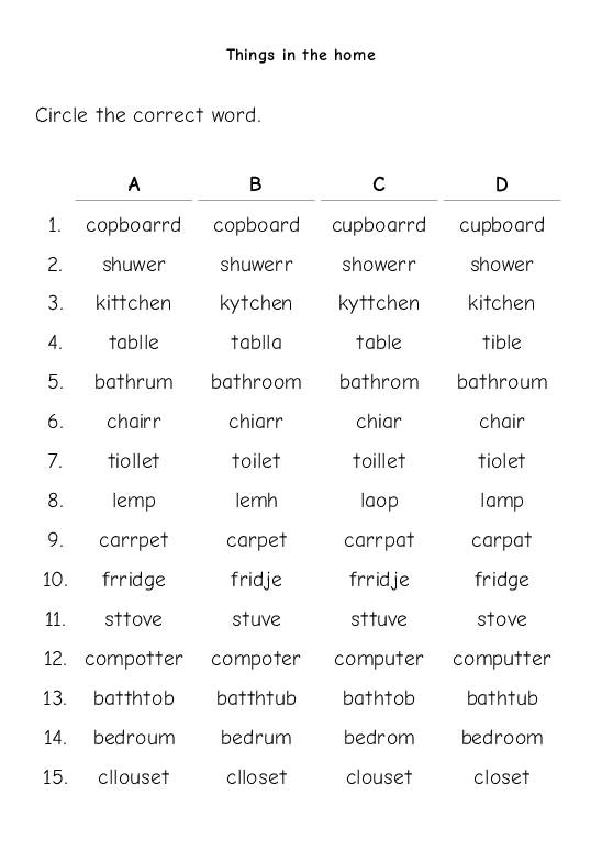 Things in the home - Spelling Test - Quickworksheets