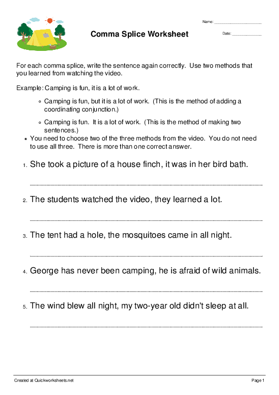 Comma Splice Worksheet - Fully Customisable Worksheet - Quickworksheets